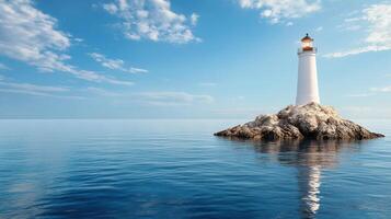 A lighthouse on a rock in the ocean photo