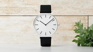 A white analog watch with black leather strap photo