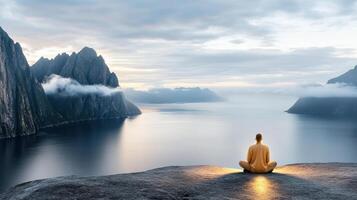 A man meditating in front of a mountain and water photo
