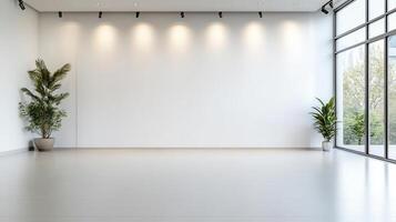 Empty room with white walls and large windows photo