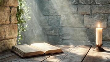 An open book and candle on a wooden table photo