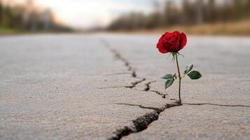 A single red rose is growing out of a crack in the road photo