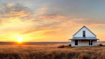 An old house in a field at sunset photo