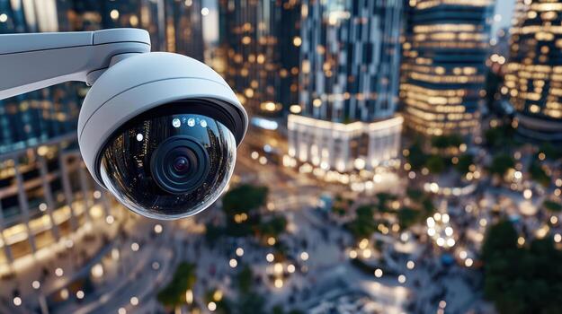 A surveillance camera is seen in front of a cityscape photo