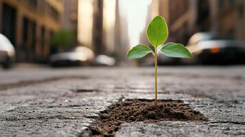 A small plant growing out of the ground in the middle of a city street photo