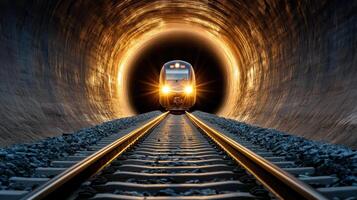A train going through a tunnel with light coming from the end photo