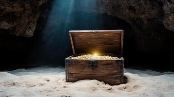 An open chest with a light shining from inside photo