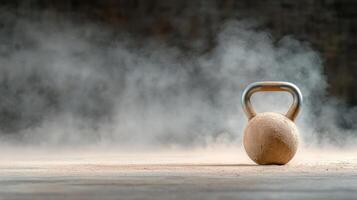 A kettlebell on a wooden floor with smoke coming out of it photo