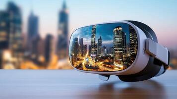 Virtual reality glasses on a table with cityscape in the background photo