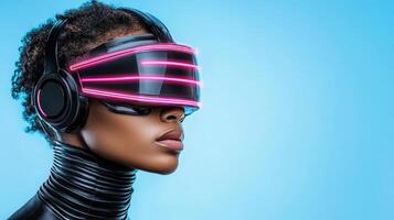 A woman wearing a futuristic helmet and headphones photo