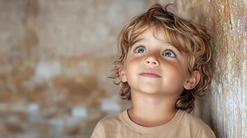 A young boy is looking up at something photo