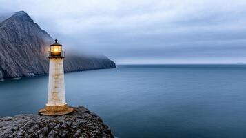 A lighthouse on the edge of a cliff overlooking the ocean photo