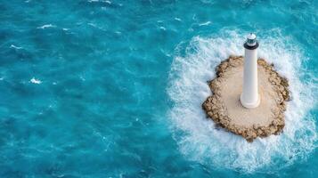 An aerial view of a lighthouse on a rock in the ocean photo