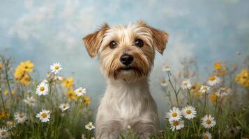 A dog is sitting in a field of flowers photo