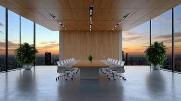 A conference room with a table and chairs photo