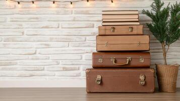 A stack of suitcases and a plant next to a brick wall photo