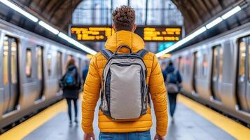 A man with a backpack standing in front of a subway train photo