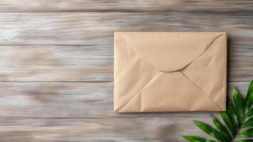 An envelope with a leaf on a wooden background photo