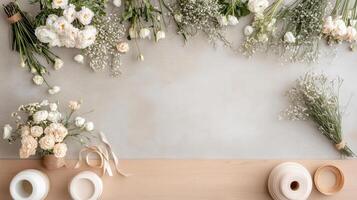 Flowers and vases on a table photo