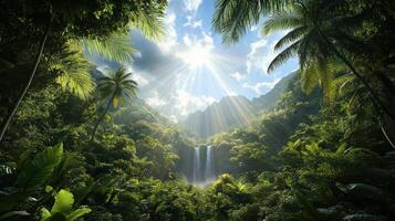 A tropical forest with a waterfall and sun shining through photo