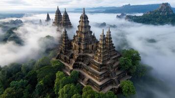 The borobudur temple in thailand is surrounded by fog photo
