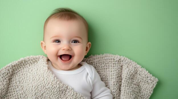 un bebé es sonriente mientras envuelto en un cobija foto