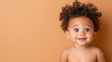 A baby with curly hair on an orange background photo