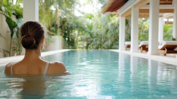 A woman is relaxing in the pool at a resort photo