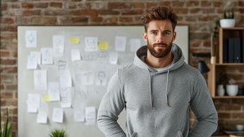 A man with a beard and a hoodie standing in front of a whiteboard photo