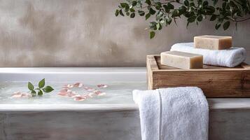 A bathtub with towels and soap photo