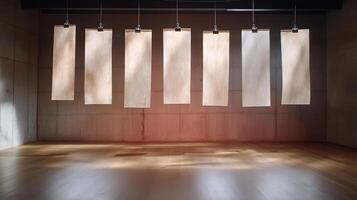 A room with several hanging wooden boards photo