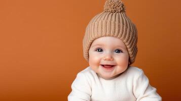 A baby wearing a knitted hat and smiling photo