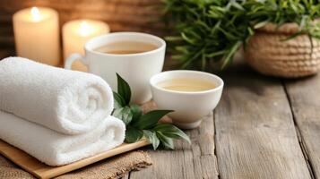 A towel, tea cup and candle on a wooden table photo