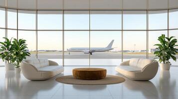 A large room with white furniture and a plane in the background photo