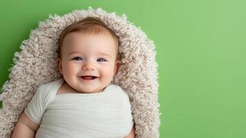 A baby smiling in a blanket on a green background photo
