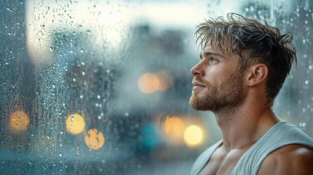 A man looking out a window with raindrops on it photo