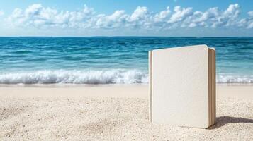 A blank book on the beach with the ocean in the background photo