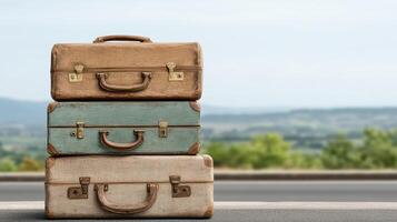 Three suitcases stacked on top of each other photo