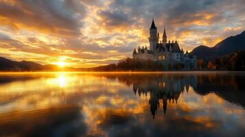 The sun sets over a castle in the mountains photo