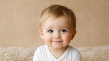 A baby smiling while laying on a white blanket photo