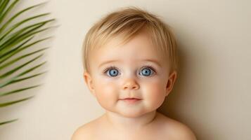 A baby with blue eyes looking at the camera photo
