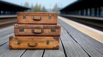 Three old suitcases sitting on a wooden platform photo