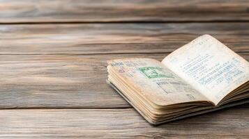 An old passport is sitting on top of an open book photo