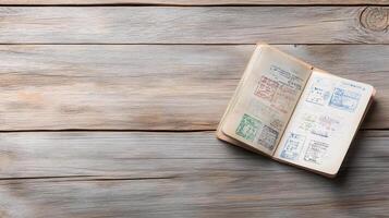 Passport and passport stamps on wooden background photo