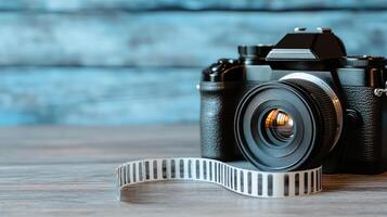 A camera with a roll of film on a wooden table photo