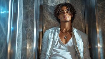 A man with curly hair and a white shirt is sitting in an elevator photo