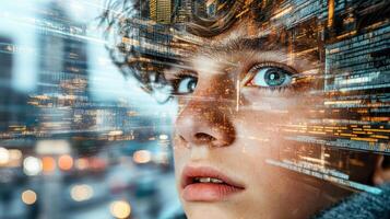 A young boy looking up at a city skyline with a digital image of a computer screen photo
