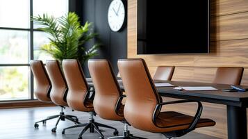 A conference room with leather chairs and a clock photo