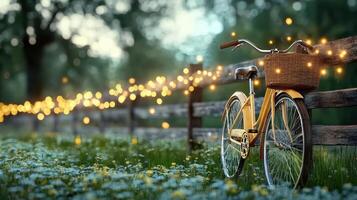 Yellow bicycle parked on a wooden fence with fairy lights photo