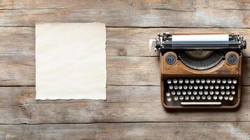 An old typewriter and a blank paper on a wooden table photo